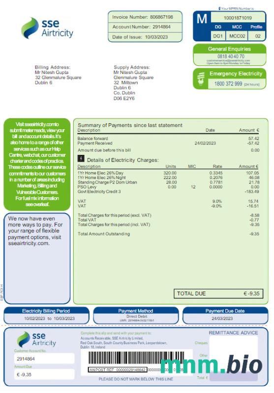 Australia SSE Airtricity rachunek za media Word i szablon PDF